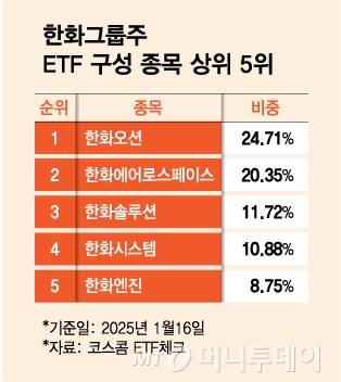 한화그룹주 ETF 구성 종목 상위 5위./그래픽=김다나 디자인 기자