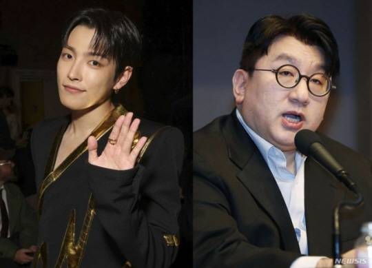 그룹 ‘에이티즈’ 홍종(왼쪽 사진)과 방시혁 하이브 의장.