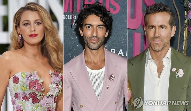 영화 '우리가 끝이야'의 주연배우 블레이크 라이블리(왼쪽)와 그의 남편 라이언 레이놀즈(오른쪽), 감독 겸 공동주연 저스틴 발도니(가운데) [AP 연합뉴스 자료사진. 재배포 및 DB 금지]