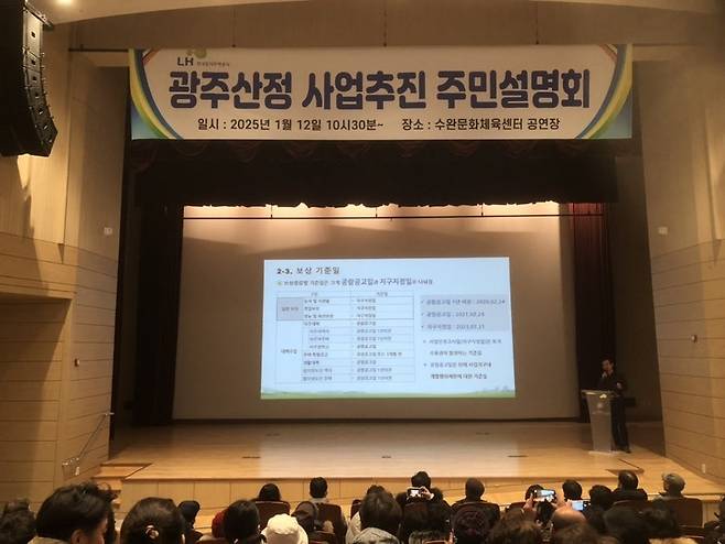 LH광주전남본부는 지난 12일 수완문화체육센터에서 토지소유자 등 400여명이 참석한 가운데  사업설명회를 개최했다. LH는 오는 6월 추가 사업설명회를 통해 의견수렴 과정을 갖고 토지수용, 보상 등 후속절차를 밟는다.