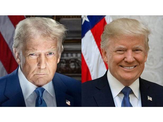 20일 47대 대통령 취임식을 앞둔 도널드 트럼프 미국 대통령 당선인의 공식 초상 사진. 오른쪽은 8년 전 45대 대통령 취임식 당시 공식 사진. /조선DB