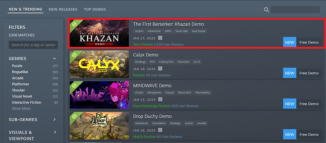 20일 기준 스팀 '뉴&트렌딩' 차트. 빨간색 표시가 넥슨 '퍼스트 버서커: 카잔' 데모 버전(출처=스팀 홈페이지 화면 캡쳐).