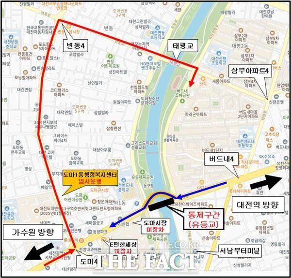 유등교 가설교를 통행하는 일부 버스 노선도 /대전시
