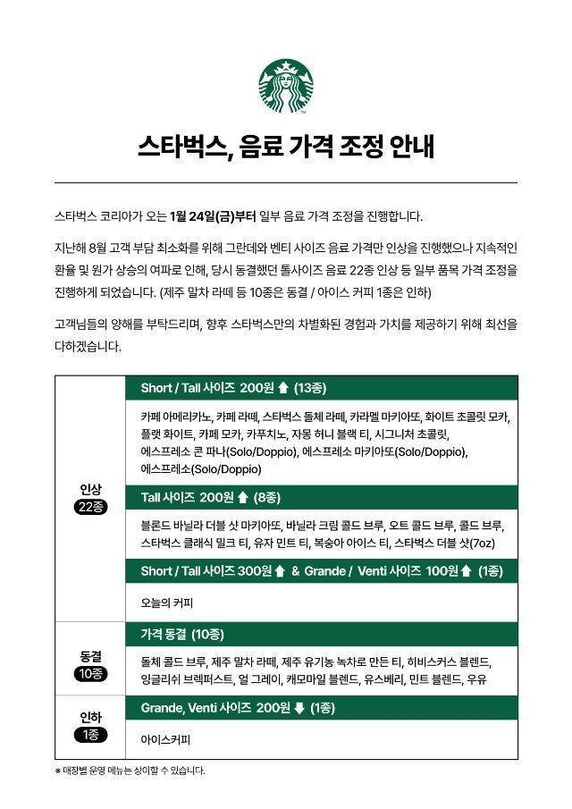 스타벅스 가격 인상 관련 내용. [사진 = 스타벅스 코리아 제공]