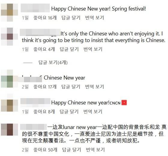 중국계 네티즌들이 '음력 설' 관련 게시물에 항의 댓글을 남긴 모습./인스타그램
