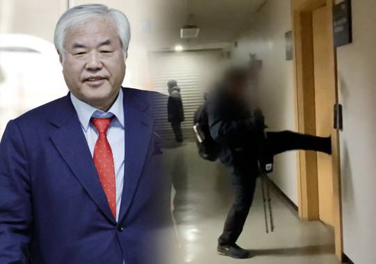 전광훈 목사와 서울서부지법 판사 집무실 난입을 시도하는 유튜버 이모 씨. 뉴시스 JTBC 캡처