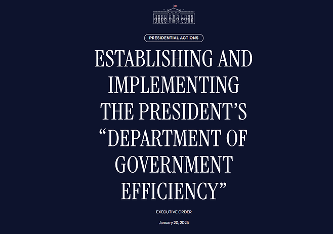 20일(현지시간) 미국 백악관 홈페이지에 게재된 정부효율부 관련 행정명령 [백악관 홈페이지]