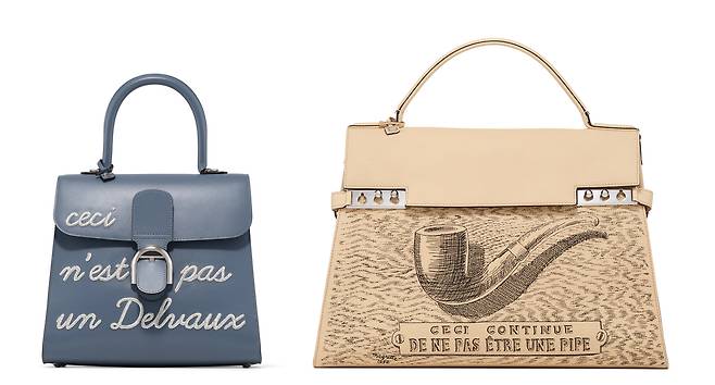 마그리트 작품에 등장하는 문구와 모티브(파이프)에 영감 받아 완성한 브리앙 휴머 백(왼쪽)과 땅페트 XL 백. 사진 델보