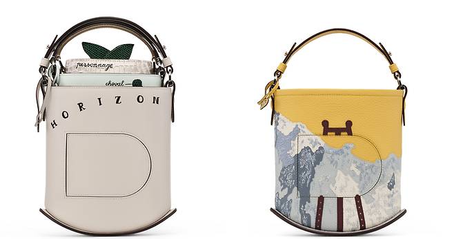 러시아 목각 인형 마트료시카처럼 각각 다른 소재 가방 3개로 분리해 사용할 수 있는 빵 미니 버킷 백(왼쪽), 작은 가죽 조각을 이어붙이는 마케트리 기법으로 완성한 빵 미니 버킷 '산봉우리의 부름' 백. 사진 델보