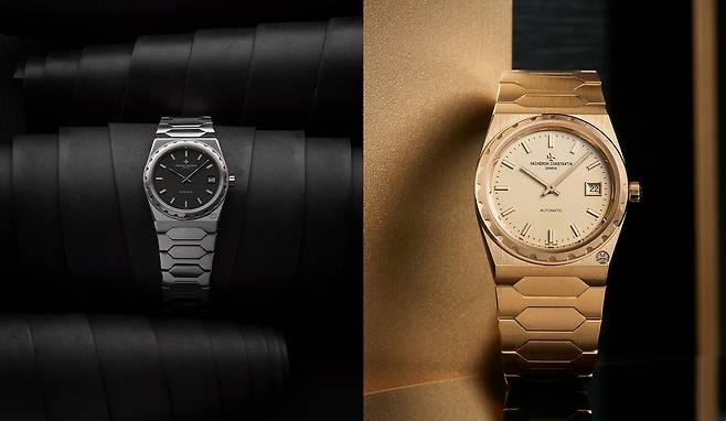 1977년 오리지널 '222' 모델(왼쪽)과 2022년 옐로 골드로 선보인 '히스토릭 222' 모델. 사진 바쉐론 콘스탄틴