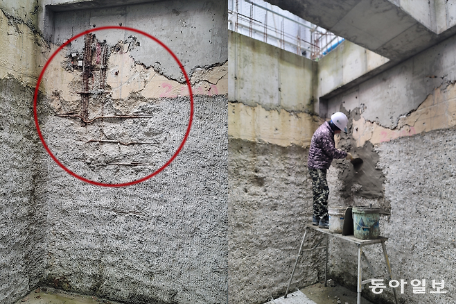 2023년 11월 충청 지역 신축 아파트 건설 현장에서 국토교통부 점검 며칠을 앞두고 한 작업자가 튀어나온 철근을 시멘트로 덮고 있다.(오른쪽 사진) 튀어나온 철근(왼쪽 사진 빨간색 동그라미)은 심각하게 휘어 벽체를 제대로 지탱할 수 없는 상태다.