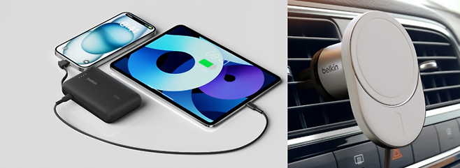 (왼쪽부터) 벨킨 C타입 케이블 일체형 20W 10,000mAh 보조배터리, 벨킨 부스트업 맥세이프 15W 차량용 무선 충전기 거치대