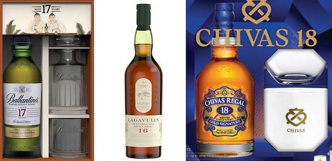 (왼쪽부터) 발렌타인 17년, 라가불린 16년, 시바스리갈 18년.(사진=페르노리카 코리아, 디아지오 코리아 제공) *재판매 및 DB 금지