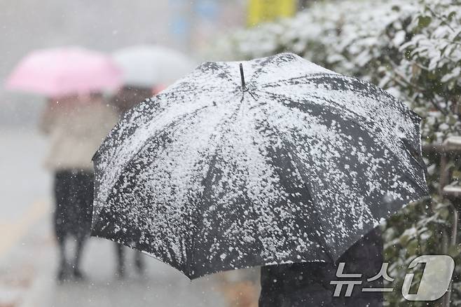 설 명절 연휴 사흘째이자 대설주의보가 발효된 27일 오후 서울 영등포구청 인근 도로에서 시민이 눈을 맞으며 발걸음을 재촉하고 있다.  2025.1.27/뉴스1 ⓒ News1 황기선 기자