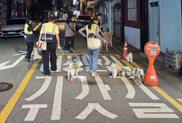 지난해 9월 '서울 여성 안심 귀갓길 합동 순찰'에 참여한 반려견 순찰대와 보호자들의 모습. /사진제공=서울시.