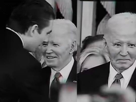 지난 20일 워싱턴DC 의회에서 열린 도널드 트럼프 대통령의 취임식에서 트럼프 대통령의  막내 아들 배런이 조 바이든 전 대통령과 인사를 나누는 모습. 영국 데일리메일 캡처.