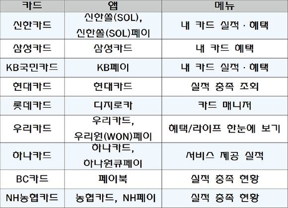 국내 9개 카드사가 실적 조회 서비스를 하고 있다. [자료=각 사]