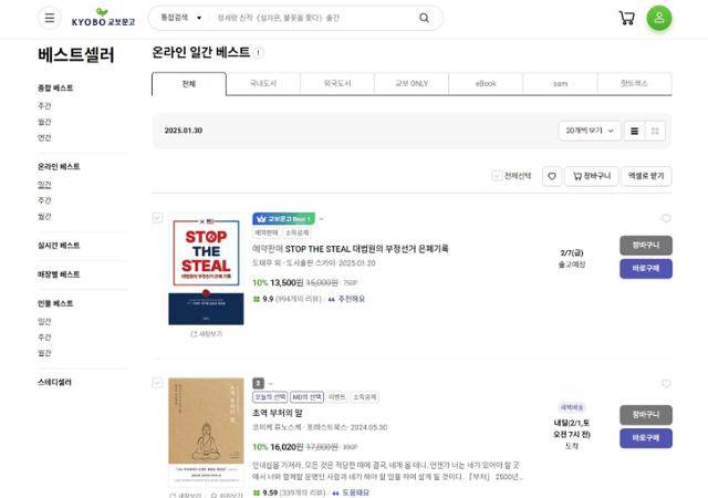 21대 총선 당시 인천 연수을 선거무효소송을 다룬 'STOP THE STEAL 대법원의 부정선거 은폐 기록'이 31일 교보문고 온라인 서점 일간 베스트셀러 1위에 올랐다. 교보문고 온라인서점 캡처