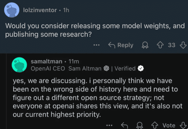 알트먼 대표를 포함한 오픈AI 주요 임원진이 지난 31일 레딧 '뭐든지 물어봐(AMA)' 게시판에서 오픈소스 정책, AI 경쟁, 모델의 발전 방향 등을 논의했다. (사진=레딧 캡처)