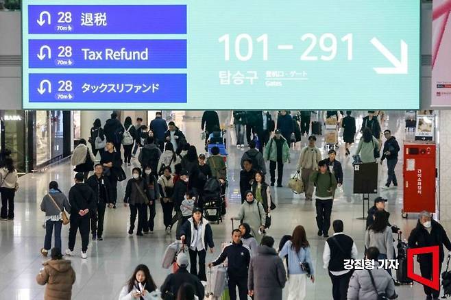임시공휴일이 포함된 설 명절 연휴를 앞둔 24일 인천국제공항 제1여객터미널 면세구역을 찾은 여행객들로 붐비고 있다. 인천국제공항공사는 이번 설 연휴 특별 교통 대책 기간인 24일부터 다음 달 2일까지 10일간 총 214만1000명, 일평균 21만4000명의 여객이 인천공항을 이용할 것으로 전망된다고 밝혔다.