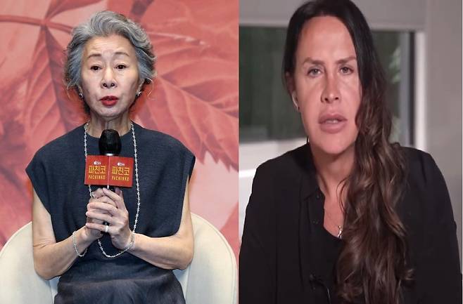 (왼쪽부터) 오스카에서 영화 ‘미나리’로 여우주연상을 수상한 윤여정과 2025년 아카데미(오스카) 여우주연상 후보에 오른 카를라 소피아 가스콘. 뉴시스, CNN 인터뷰 영상 캡처