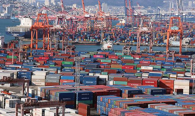 부산항 신선대·감만·신감만부두에 수출입 화물이 쌓여있는 모습. 연합뉴스