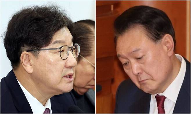 권성동 국민의힘 원내대표와 윤석열 대통령. 김경호 선임기자 jijae@hani.co.kr 사진공동취재단