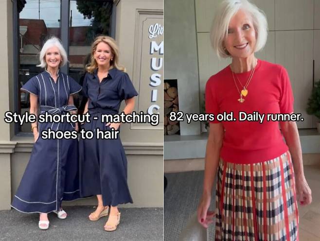 50대처럼 보이는 동안 외모를 소유한 82세 호주 여성이 자신만의 비결을 공개했다. 호주의 스타일리스트 포스터(왼쪽 사진의 오른쪽)와 그의 82세 어머니. [사진=영국 매체 더 선 보도 갈무리]