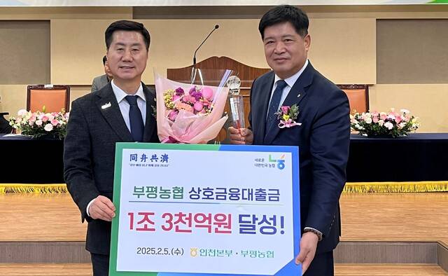 최영민 조합장(오른쪽)이 김재득 본부장으로부터 1조3000억원 달성 기념탑을 전달받고 있다.