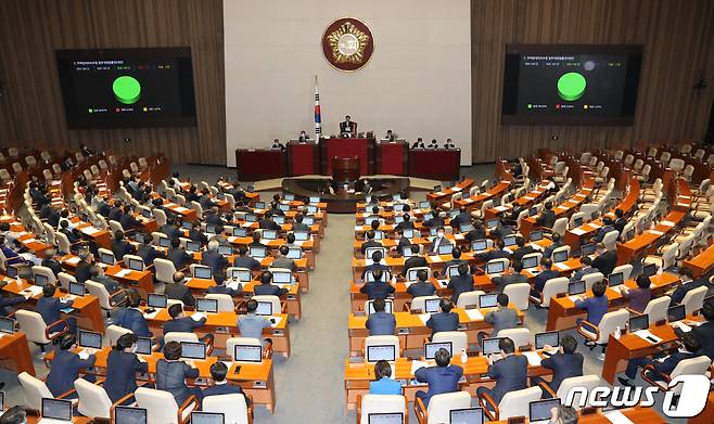30일 오후 서울 여의도 국회에서 열린 제380회국회(임시회) 제7차 본회의에서 주택임대차보호법 일부개정법률안(대안)이 재적 300인, 재석187인, 찬성185인, 기권2인으로 가결되고 있다. 2020.7.30/뉴스1 ⓒ News1 박세연 기자