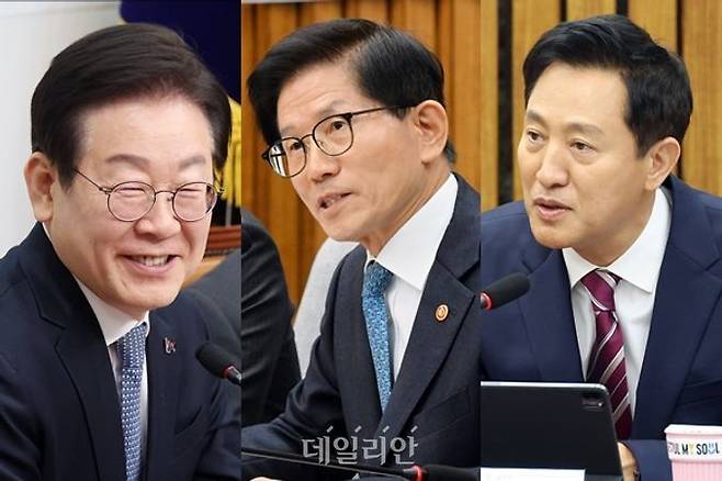 이재명 더불어민주당 대표와 '여권 대선주자 투톱' 김문수 고용노동부 장관·오세훈 서울특별시장의 양자 대결에서 이재명 대표가 오차범위 밖에서 우세한 것으로 나타났다. ⓒ데일리안