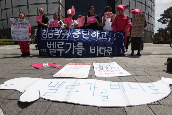 지난해 5월 해양환경단체 핫핑크돌핀스가 서울 송파구 잠실역 인근에서 롯데월드 아쿠아리움의 벨루가 방류 약속 이행을 촉구하는 집회를 연 모습. [연합뉴스]