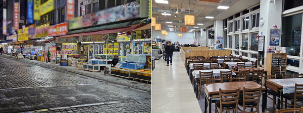 고물가, 경기침체, 계엄 여파 등으로 부산의 대표 관광지 상권이 직격탄을 맞았다. 사진은 지난 5일 저녁 부산 중구 자갈치시장 앞 거리가 한산한 모습(왼쪽)과 자갈치시장 2층 식당이 손님이 없어 텅 비어 있는 모습.  정인덕 기자