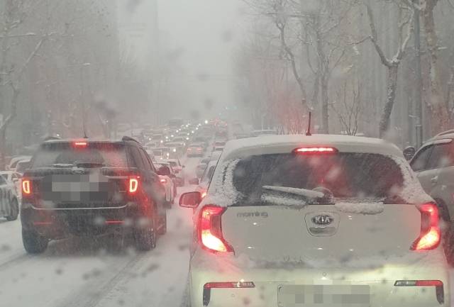 퇴근길 서울 강남구의 한 도로 위에 눈이 내려 쌓이고 있다. 독자 제공