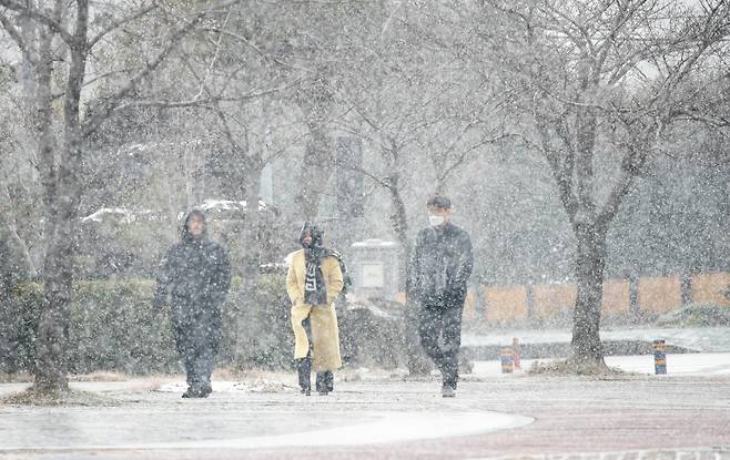 5일 오후 제주시 도남동 인근 거리에서 시민들이 강한 눈발을 피해 걷는 모습./사진=뉴시스
