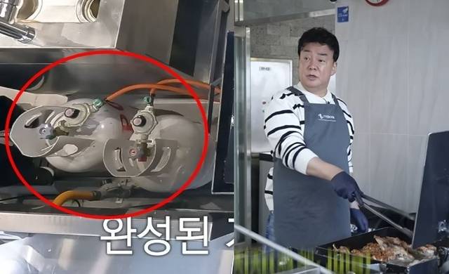 요식사업가 백종원이 실내 주방에 비치된 LPG 가스통 바로 옆 화구에서 튀김을 조리하는 모습. 백종원 유튜브 영상 캡처