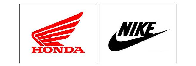 일본의 종합 모빌리티 제조사 혼다의 모터사이클 브랜드 로고. 승리의 여신 니케의 날개를 차용했다(왼쪽). 스포츠 브랜드 나이키의 로고. 니케의 날개에서 모티프를 얻어 만들었다. [혼다 홈페이지, 나이키 홈페이지]