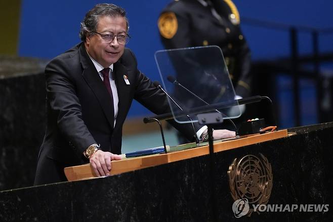 유엔총회에서 연설하는 구스타보 페트로 콜롬비아 대통령 [AP 연합뉴스 자료사진. 재판매 및 DB 금지]