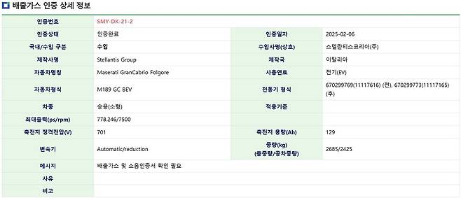 마세라티 그란카브리오 인증 자료