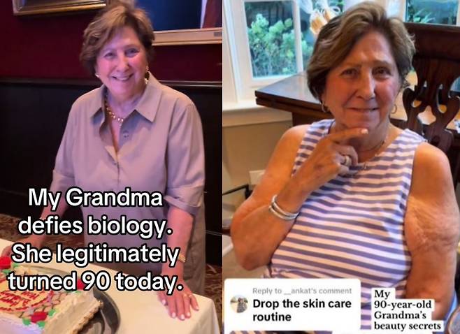 동안을 자랑하는 이탈리아 90세 할머니의 모습. [사진=틱톡 채널 '부아노 사라(buona sarah)' 영상 캡처]