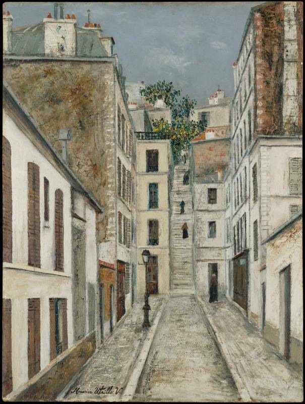 코탱의 골목(1910~1911). 위트릴로의 대표작 중 하나로 꼽힌다. 직선으로 그려진 건물과 계단 등 길의 모습과 흰 벽면이 인상적이다. 위트릴로의 깊은 외로움이 느껴진다. /퐁피두센터