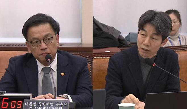 6일 국회에서 열린 윤석열 정부의 비상계엄 선포를 통한 내란혐의 진상규명 국정조사 특별위원회 3차 청문회 출석한 최상목 권한대행(왼쪽)과 민주당 윤건영 의원(오른쪽)