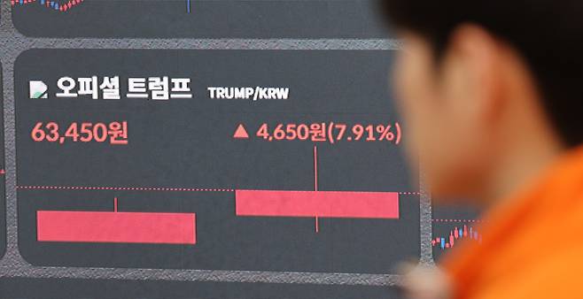 지난달 22일 국내 코인 거래소(빗썸) 전광판에 트럼프 대통령이 발행한 밈 코인 ‘오피셜 트럼프’ 시세가 표시되고 있다. 현재 가격은 당시의 절반 이하 수준이다. /뉴스1