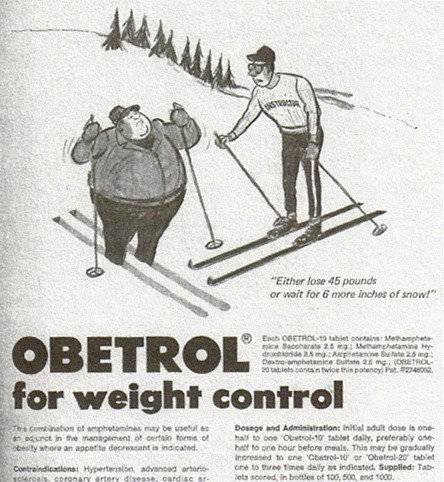 1970년 미국의 살 빼는 약 ‘오비트롤’ 광고로, 메스암페타민 성분의 각성제는 미군, 영국군 등에도 쓰였다. 사진 출처 위키피디아