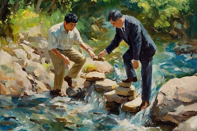 생성형 인공지능(AI) 미드저니에 “강을 건너지 못하는 캐주얼 복장을 한 사람을 위해 정장을 입은 다른 한 남자가 손을 내밀어 강을 건너도록 도와주는 장면을 인상주의 화풍으로 그려줘”라는 지시어를 입력해 생성한 이미지다.