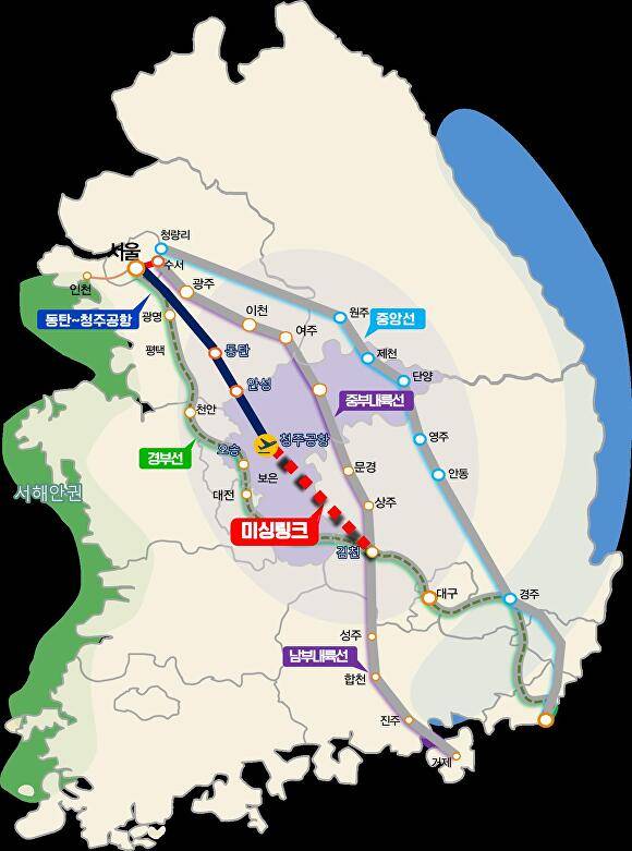 청주공항∼김천 철도 노선도. [사진=충북도]