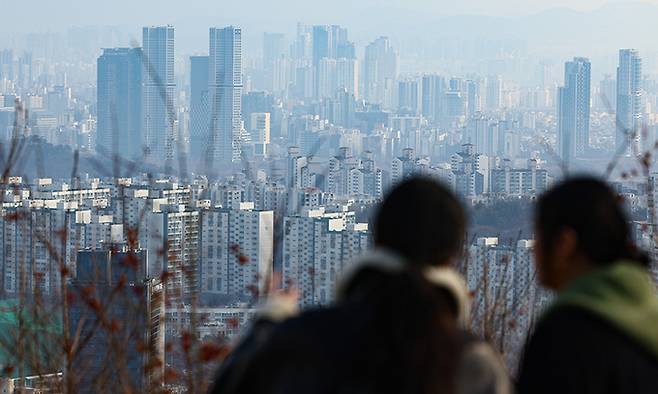 지난달 8일 서울 중구 남산에서 시민들이 서울 시내 아파트 단지를 바라보고 있다. 뉴시스