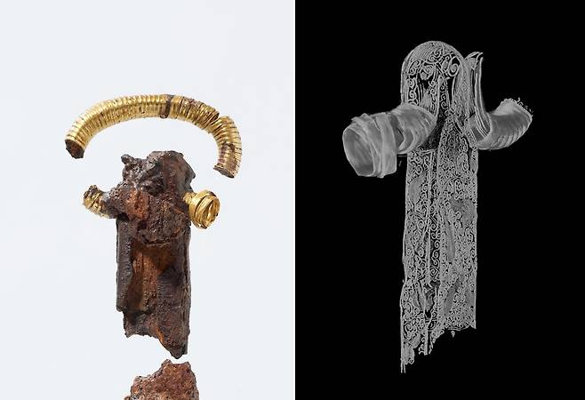 금장식 철제 환두 소도의 유물 사진(왼쪽)과 CT 사진  [국립중앙박물관 제공. 재판매 및 DB 금지]