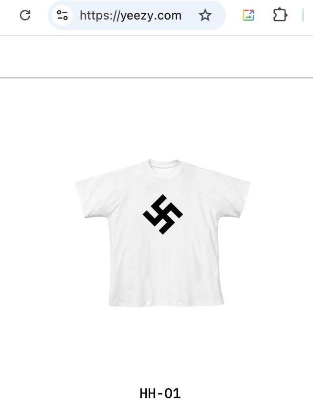 칸예 웨스트가 자신의 웹사이트에서 판매하던 나치 문양이 그려진 티셔츠. X 캡처