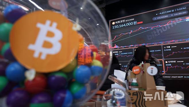 [서울=뉴시스] 홍효식 기자 = 관세 전쟁 여파로 비트코인 가격이 10만 달러 밑으로 급락한 가운데 3일 서울 서초구 빗썸 라운지 강남점 전광판에 비트코인 시세가 표시되고 있다. 2025.02.03. yesphoto@newsis.com